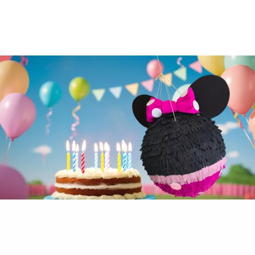 Pinyata Minnie édességekkel töltve egy vidám születésnapi bulin.