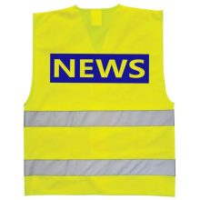 Láthatósági mellény NEWS felirattal, sárga biztonsági mellény híradósoknak, fényvisszaverő sajtó mellény, nemzetközi tudósító felszerelés