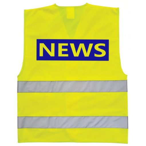 Láthatósági mellény NEWS felirattal, sárga biztonsági mellény híradósoknak, fényvisszaverő sajtó mellény, nemzetközi tudósító felszerelés