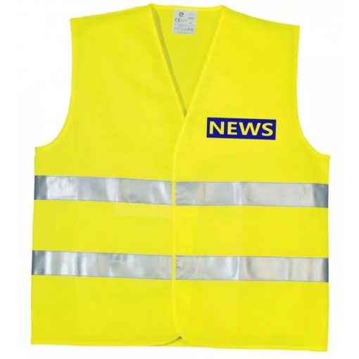 Láthatósági mellény NEWS felirattal, sárga biztonsági mellény híradósoknak, fényvisszaverő sajtó mellény, nemzetközi tudósító felszerelés