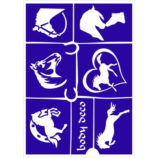 A5 méretű lovas csillámtetoválás sablonszett 7 darabos válogatás paripákkal.