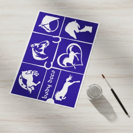 A5 méretű lovas csillámtetoválás sablonszett 7 darabos válogatás paripákkal.