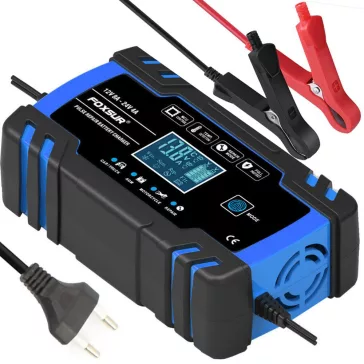 Intelligens automata akkumulátor töltő 12V 24V, mikroprocesszoros, akkumulátor javító funkció, deszulfátálás, AGM GEL támogatás, LCD kijelző