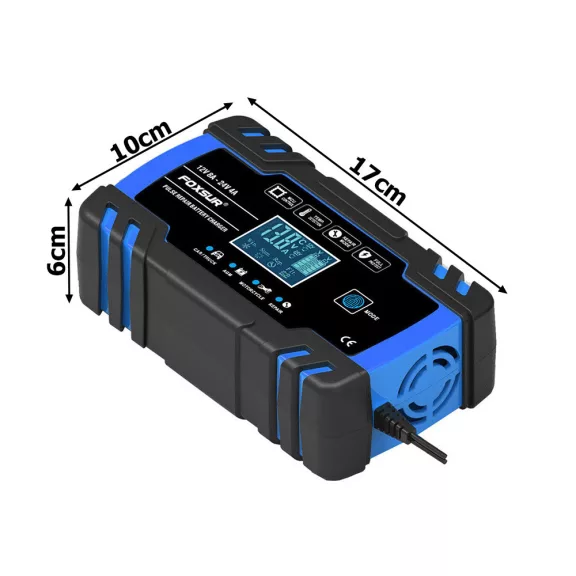 Intelligens automata akkumulátor töltő 12V 24V, mikroprocesszoros, akkumulátor javító funkció, deszulfátálás, AGM GEL támogatás, LCD kijelző