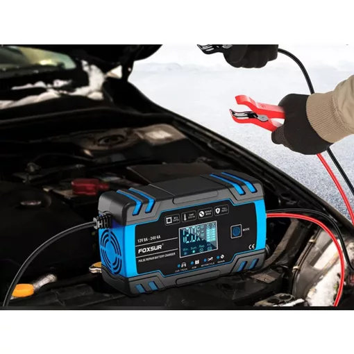 Intelligens automata akkumulátor töltő 12V 24V, mikroprocesszoros, akkumulátor javító funkció, deszulfátálás, AGM GEL támogatás, LCD kijelző