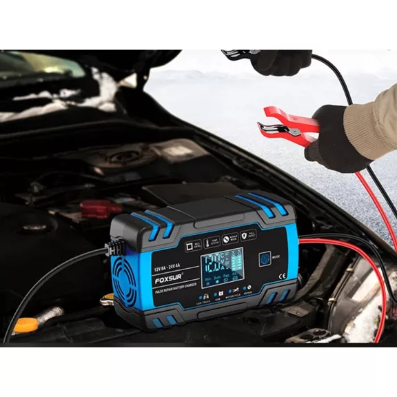 Intelligens automata akkumulátor töltő 12V 24V, mikroprocesszoros, akkumulátor javító funkció, deszulfátálás, AGM GEL támogatás, LCD kijelző