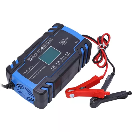 Intelligens automata akkumulátor töltő 12V 24V, mikroprocesszoros, akkumulátor javító funkció, deszulfátálás, AGM GEL támogatás, LCD kijelző