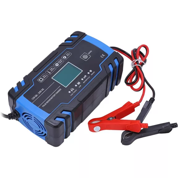 Intelligens automata akkumulátor töltő 12V 24V, mikroprocesszoros, akkumulátor javító funkció, deszulfátálás, AGM GEL támogatás, LCD kijelző