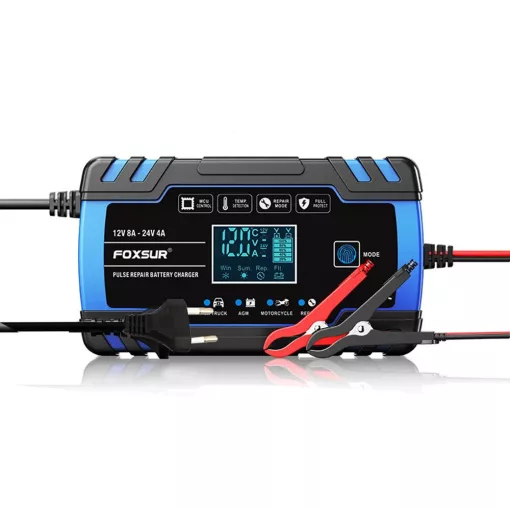 Intelligens automata akkumulátor töltő 12V 24V, mikroprocesszoros, akkumulátor javító funkció, deszulfátálás, AGM GEL támogatás, LCD kijelző