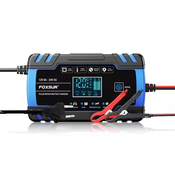 Intelligens automata akkumulátor töltő 12V 24V, mikroprocesszoros, akkumulátor javító funkció, deszulfátálás, AGM GEL támogatás, LCD kijelző
