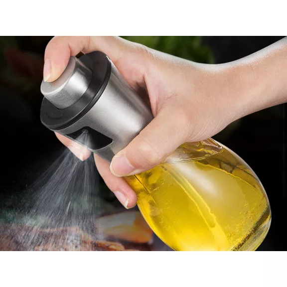200 ml-es elegáns üveg olajpermetező és spray adagoló ezüst kupakkal