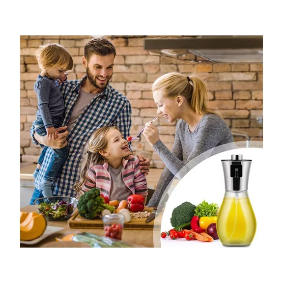 200 ml-es elegáns üveg olajpermetező és spray adagoló ezüst kupakkal