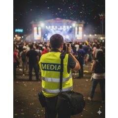 Média feliratú biztonsági mellény, neon sárga láthatósági mellény fényvisszaverő csíkokkal, sajtó és fotós azonosító mellény.