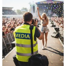 Média feliratú biztonsági mellény, neon sárga láthatósági mellény fényvisszaverő csíkokkal, sajtó és fotós azonosító mellény.