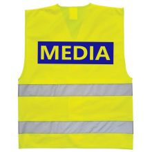 Média feliratú biztonsági mellény, neon sárga láthatósági mellény fényvisszaverő csíkokkal, sajtó és fotós azonosító mellény.