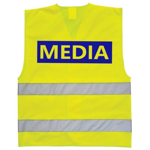 Média feliratú biztonsági mellény, neon sárga láthatósági mellény fényvisszaverő csíkokkal, sajtó és fotós azonosító mellény.