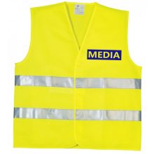 Média feliratú biztonsági mellény, neon sárga láthatósági mellény fényvisszaverő csíkokkal, sajtó és fotós azonosító mellény.