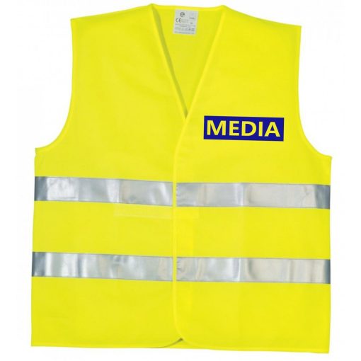 Média feliratú biztonsági mellény, neon sárga láthatósági mellény fényvisszaverő csíkokkal, sajtó és fotós azonosító mellény.