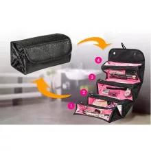 Fekete feltekerhető utazó kozmetikai táska Roll N Go Organizer, 4 cipzáras zsebbel, fogantyúval, kinyitva és összecsukva