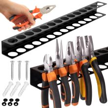 Fekete színű, 40 cm-es fali szerszámtartó sín, 14 lyukkal csavarhúzóknak, fogóknak és más kéziszerszámoknak