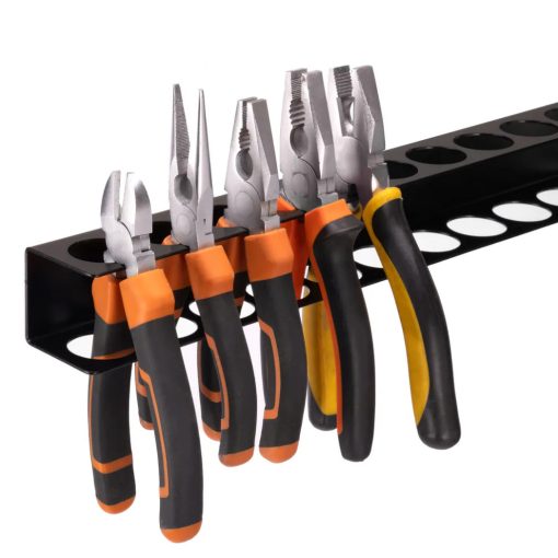 Fekete színű, 40 cm-es fali szerszámtartó sín, 14 lyukkal csavarhúzóknak, fogóknak és más kéziszerszámoknak