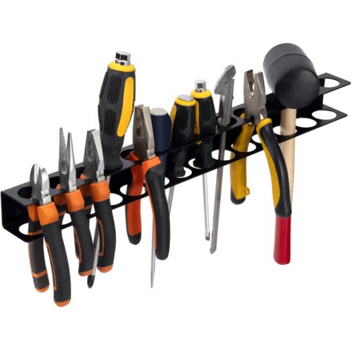 Fekete színű, 40 cm-es fali szerszámtartó sín, 14 lyukkal csavarhúzóknak, fogóknak és más kéziszerszámoknak