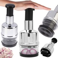 Kézi nyomókaros aprító 6 pengével fokhagymához, hagymához és zöldségekhez, tartállyal.