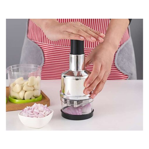 Kézi nyomókaros aprító 6 pengével fokhagymához, hagymához és zöldségekhez, tartállyal.