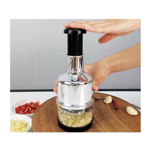 Kézi nyomókaros aprító 6 pengével fokhagymához, hagymához és zöldségekhez, tartállyal.