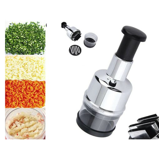 Kézi nyomókaros aprító 6 pengével fokhagymához, hagymához és zöldségekhez, tartállyal.