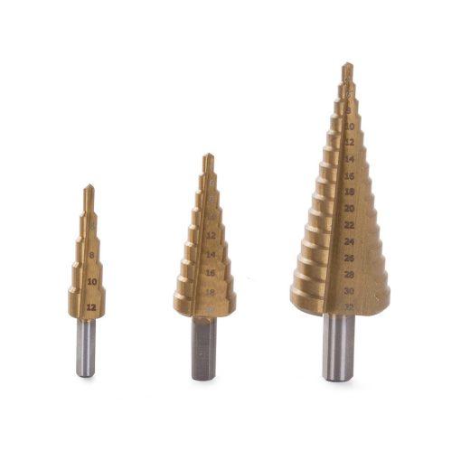 Három darabos kúpos lépcsős fúró készlet HSS titán bevonattal, övre rögzíthető tokban