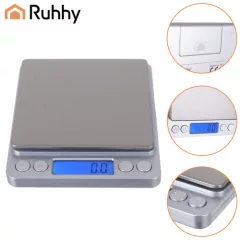Ruhhy precíziós grammmérleg 2 kg-ig, 0,1 g pontossággal, rozsdamentes acél felülettel és 2 db mérőtállal