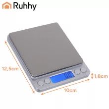 Ruhhy precíziós grammmérleg 2 kg-ig, 0,1 g pontossággal, rozsdamentes acél felülettel és 2 db mérőtállal