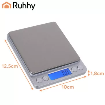 Ruhhy precíziós grammmérleg 2 kg-ig, 0,1 g pontossággal, rozsdamentes acél felülettel és 2 db mérőtállal