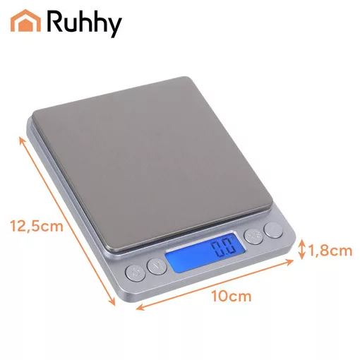 Ruhhy precíziós grammmérleg 2 kg-ig, 0,1 g pontossággal, rozsdamentes acél felülettel és 2 db mérőtállal