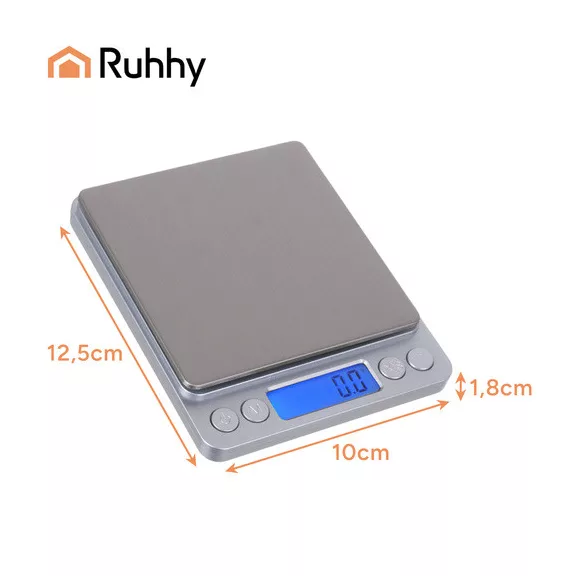 Ruhhy precíziós grammmérleg 2 kg-ig, 0,1 g pontossággal, rozsdamentes acél felülettel és 2 db mérőtállal