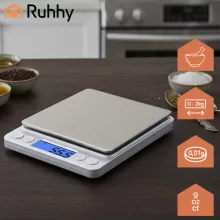 Ruhhy precíziós grammmérleg 2 kg-ig, 0,1 g pontossággal, rozsdamentes acél felülettel és 2 db mérőtállal