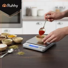 Ruhhy precíziós grammmérleg 2 kg-ig, 0,1 g pontossággal, rozsdamentes acél felülettel és 2 db mérőtállal