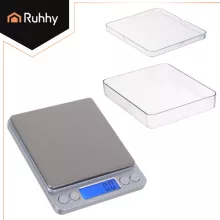 Ruhhy precíziós grammmérleg 2 kg-ig, 0,1 g pontossággal, rozsdamentes acél felülettel és 2 db mérőtállal