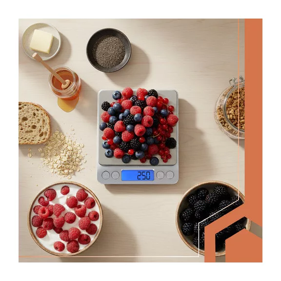 Ruhhy precíziós grammmérleg 2 kg-ig, 0,1 g pontossággal, rozsdamentes acél felülettel és 2 db mérőtállal