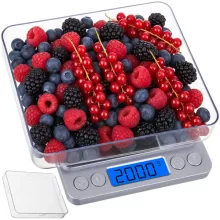 Ruhhy precíziós grammmérleg 2 kg-ig, 0,1 g pontossággal, rozsdamentes acél felülettel és 2 db mérőtállal