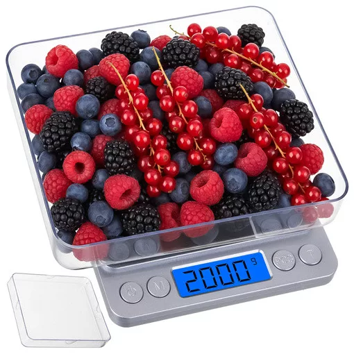 Ruhhy precíziós grammmérleg 2 kg-ig, 0,1 g pontossággal, rozsdamentes acél felülettel és 2 db mérőtállal