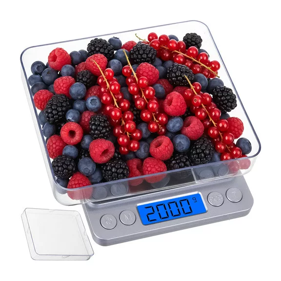 Ruhhy precíziós grammmérleg 2 kg-ig, 0,1 g pontossággal, rozsdamentes acél felülettel és 2 db mérőtállal