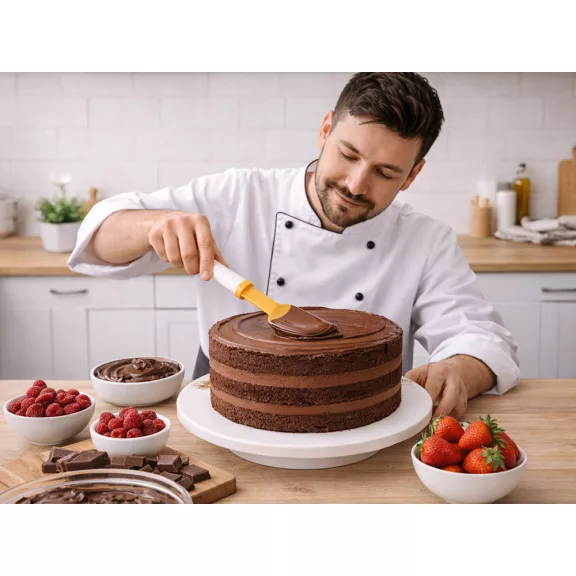 27,5 cm-es fehér és narancssárga konyhai műanyag tésztakeverő spatula süteménykrémek kenéséhez és tálak kikaparásához
