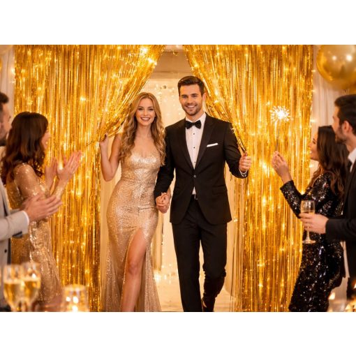 Arany színű csillogó fólia függöny öntapadós rögzítéssel fotóháttérhez