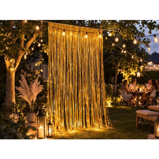 Arany színű csillogó fólia függöny öntapadós rögzítéssel fotóháttérhez