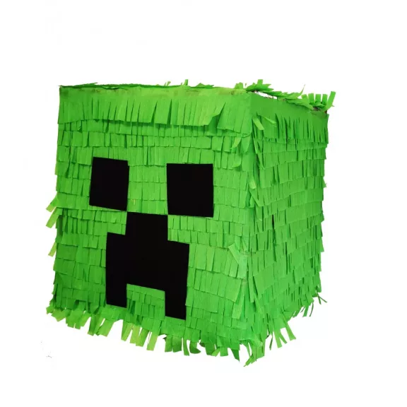 Minecraft pinyáta édességekkel töltve egy vidám születésnapi bulin.