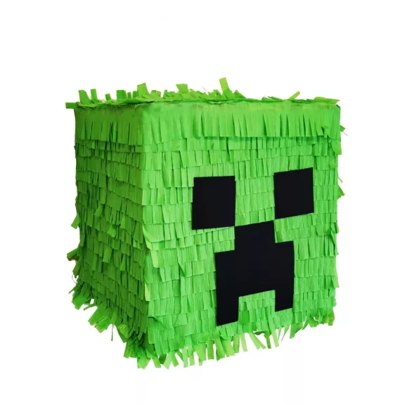 Minecraft pinyáta édességekkel töltve egy vidám születésnapi bulin.
