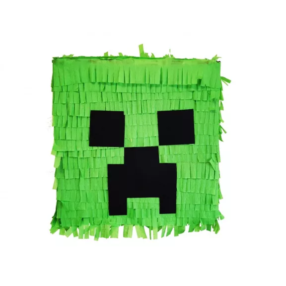 Minecraft pinyáta édességekkel töltve egy vidám születésnapi bulin.
