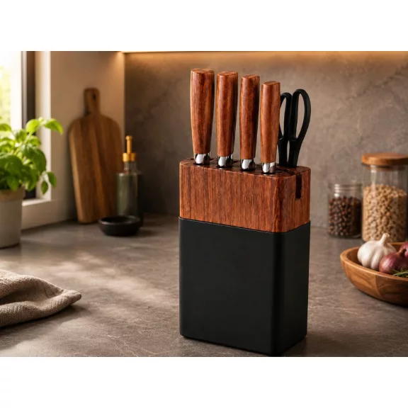 Modern 6 részes konyhai késkészlet minimalista állvánnyal, fekete pengékkel, fa hatású ergonomikus nyéllel és beépített késélezővel konyhapultra helyezve